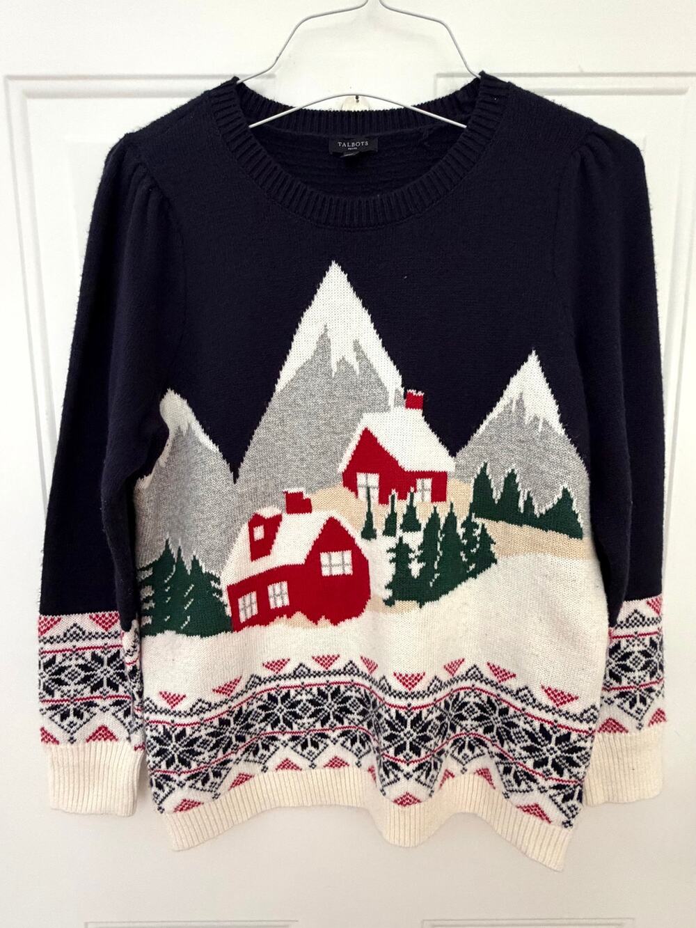 Talbots Holiday Scene Sweater Medium Petite Navy Blue Puff Sleeve Mountain Cabin